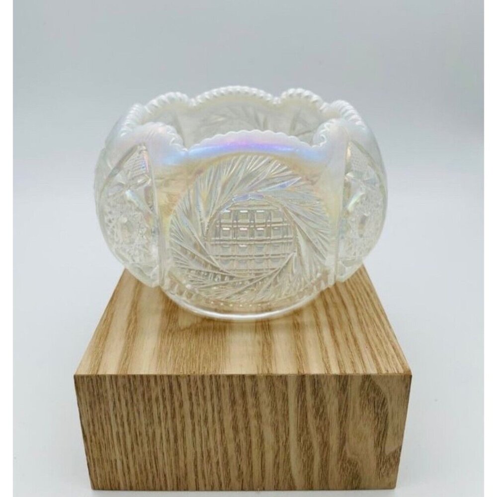 VTG Fenton Glass White Opalescent Iridescent Pinwheel Rose Bowl